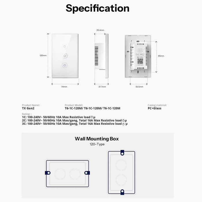 SONOFF TX Gen2 Smart Touch Wall Switch | T6 120 Type thumbnail 2