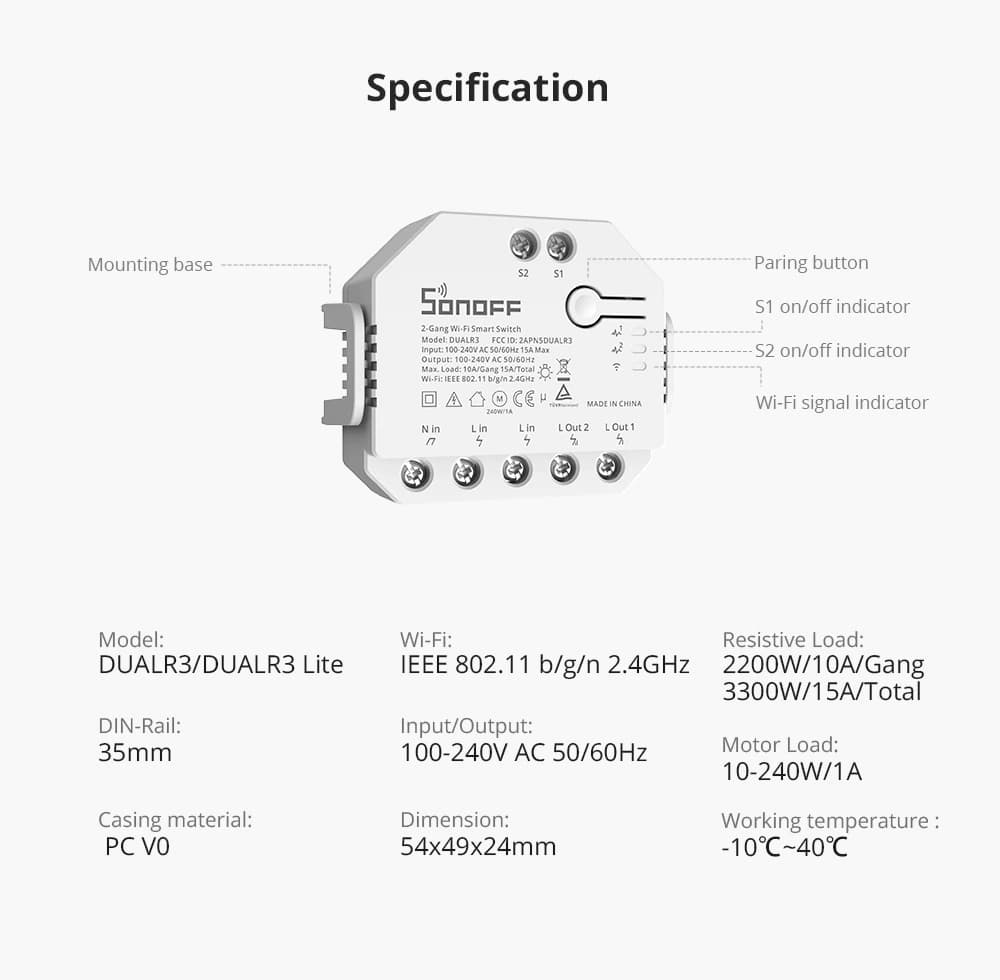 SONOFF DUALR3/DUALR3 Lite Dual Relay Two Way Power Metering Smart Switch thumbnail 3