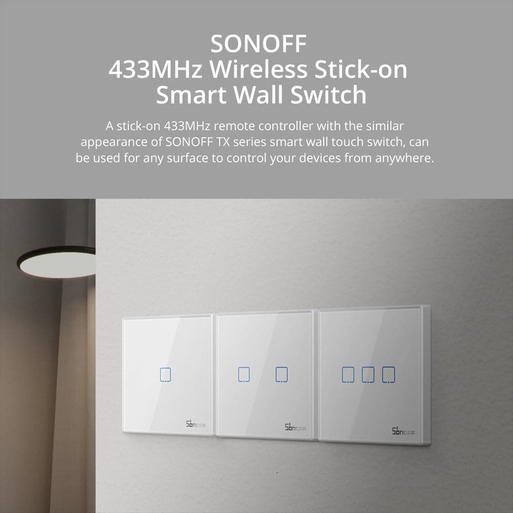 SONOFF T2EU-RF – Wall Panel Sticky 433MHz Wireless RF Remote 1-3 Gang - featured 1